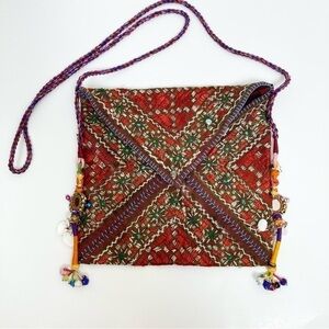 Vtg Boho Mirrored Embroidered Embellished Indian Envelope Crossbody Bag Dowry OS